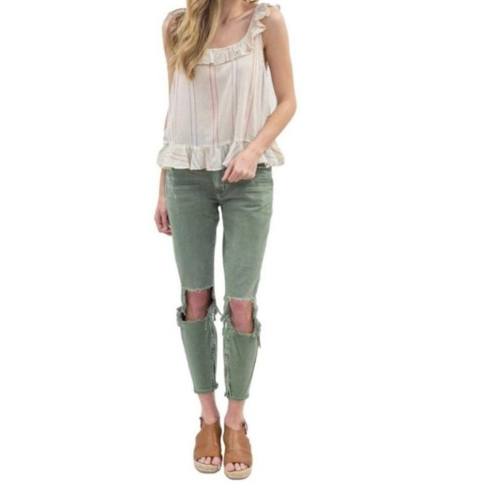 Sam & Lavi Sleeveless Ruffle Neck Sheer Tank Cream/Blue/Red Medium